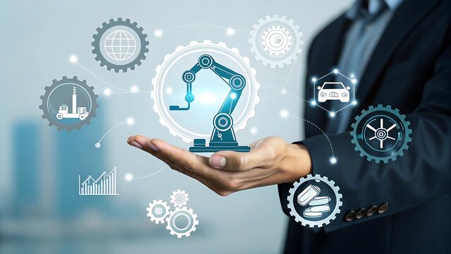 Businessman presents a digital network of industrial icons including a robotic arm car factory and gears