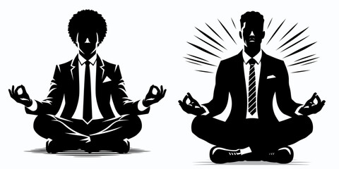 African American Business man Meditating cross legged. Marketing Commerce Corporate Entrepreneurship Startup Clipart Line Art Vector Illustration. .