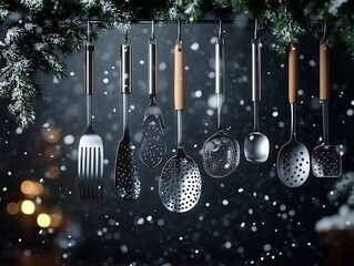 Culinary elegance: stainless steel kitchen tools suspended in a winter atmosphere