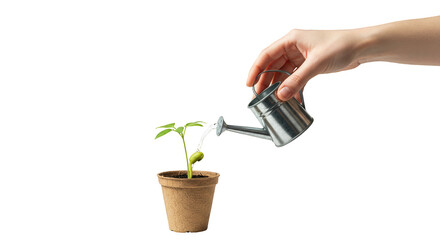 Hand Watering Plant in Pot Seedling Growth on Transparent Background