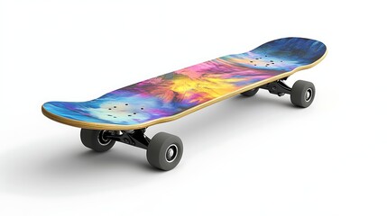 skateboard shown with smooth wheels and colorful deck on a pure white surface, perfect for showcasing outdoor sports, skate culture, and adventure visuals