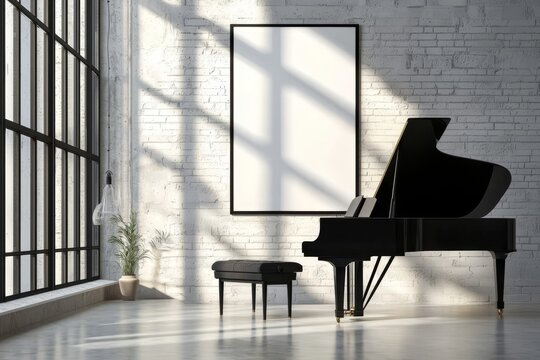 Modern room design showcasing a piano alongside a vibrant poster.