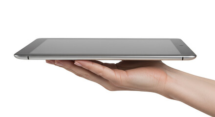 Hand Holding Silver Tablet Modern Digital Device Transparent BG