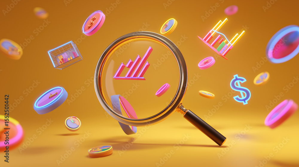 Poster magnifying glass focuses on floating neon charts and currency symbols, creating vibrant and dynamic 
