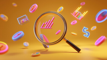 Magnifying glass focuses on floating neon charts and currency symbols, creating vibrant and dynamic scene. colorful elements suggest analysis and financial growth