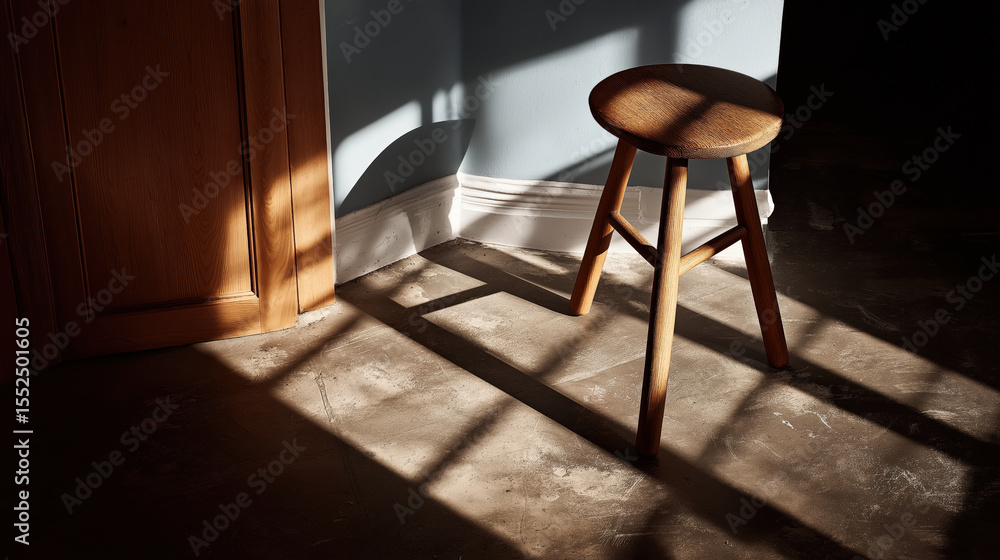 Poster wooden stool casts long shadows on concrete floor, illuminated by sunlight streaming through window,