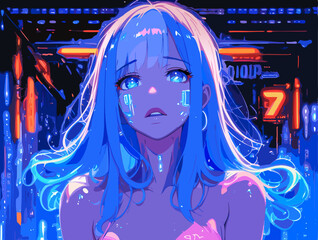 Young woman with cybernetic enhancements navigating a futuristic cityscape illuminated by vibrant neon lights