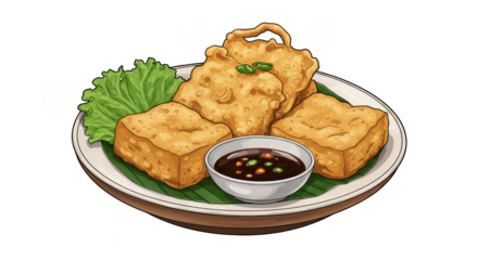 Illustration Delicious Tempura Tofu Dish with Lettuce Isolated Background