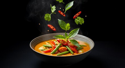Aromatic Thai Red Curry Steaming in a Rustic Bowl, Fresh Herbs Falling