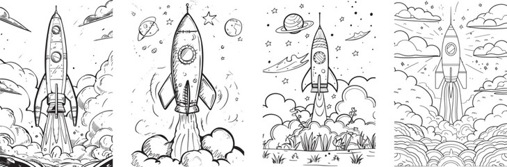 Rocket Launch Vector Illustration Set on White Background