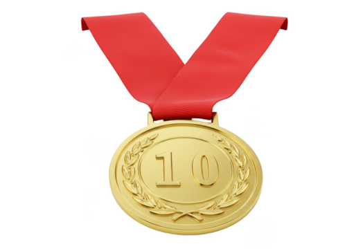 Illustration Gold Medal with Red Ribbon For Tenth Place Award 3d