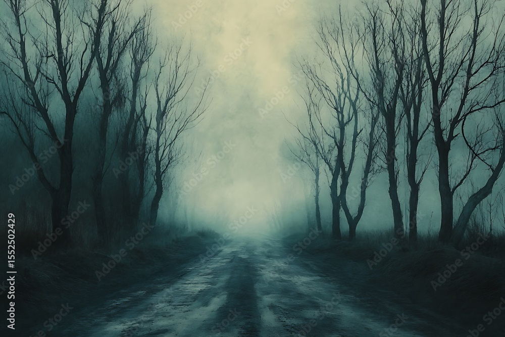 Poster mysterious misty forest path reflects an eerie glow on the wet surface through dark trees