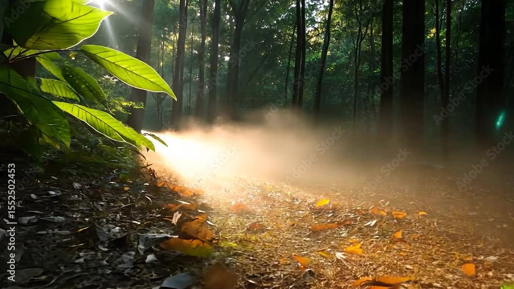 Poster sunlit forest path with haze and autumnal leaves creating atmospheric scene