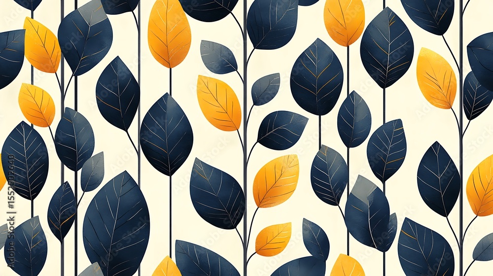Poster navy and golden leaf clusters create an abstract arboreal patterned backdrop for contemporary applic