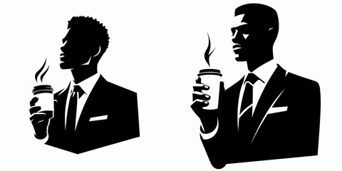African American Business man Holding coffee cup. Marketing Commerce Corporate Entrepreneurship Startup Clipart Line Art Vector Illustration. Black entrepreneur with java beverage portrait.