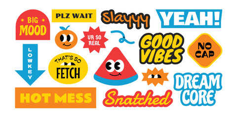 Colorful trendy and groovy stickers collection. Gen z and millenials slang words and quote y2k style.