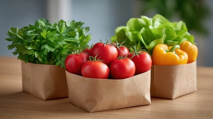 Plastic free, retail and startup, Fresh parsley, ripe tomatoes, green lettuce, and yellow bell peppers neatly packed in brown paper bags on a wooden surface.