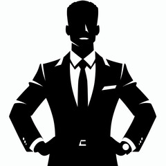 African American Business man Hands on hips. Marketing Commerce Corporate Entrepreneurship Startup Clipart Line Art Vector Illustration. Male entrepreneur with dark complexion arms akimbo.