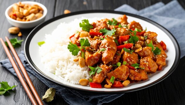 Kung Pao Chicken With Peanuts And Rice On A Plate, Traditional Chinese Cuisine. 
