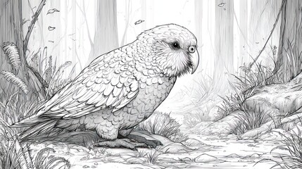 A grayscale parrot in a forest