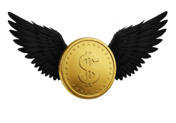 Illustration Golden Coin with Wings Flying on Transparent Background