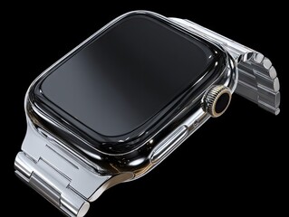 Sleek, black-faced smartwatch with a polished silver metallic bracelet, angled slightly to display its features