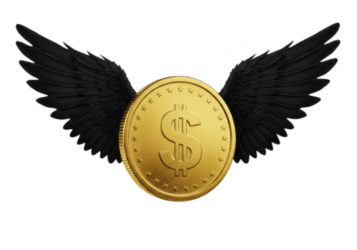 Illustration Golden Coin with Wings Flying on Transparent Background