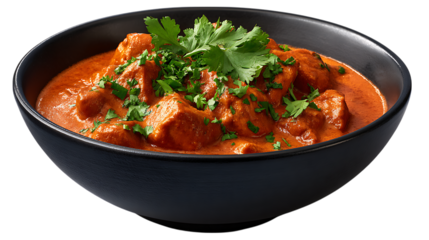 Delicious indian chicken tikka masala served in a black bowl garnished with fresh cilantro isolated on transparent background