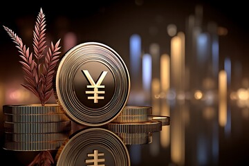 Golden Yen Coin with Plant