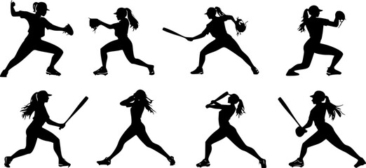 Eight softball players in silhouette are shown in action poses, including pitching, batting, and fielding