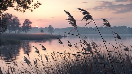 Serene Sunrise Misty Lake with Reeds and Peaceful Dawn