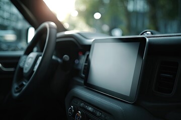 Sunlit car interior showcasing a large, blank infotainment touchscreen centrally mounted on the dashboard, with a partially visible steering wheel and blurred cityscape background