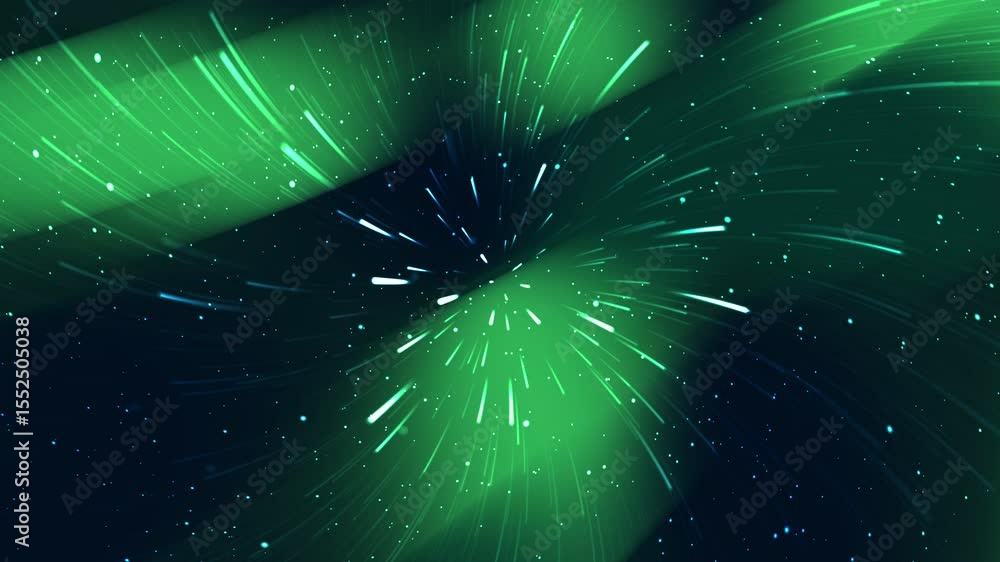 Poster dynamic green and blue light streaks radiate from the center in a digital abstract display with a da