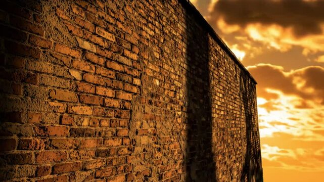  Timelapse of long shadows moving across a textured old brick wall as the sun sets.