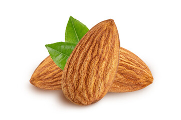 Almonds with leaves isolated on white background.
