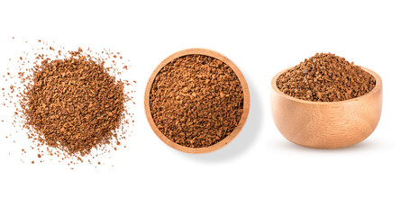 Close up. Instant coffee in wooden bowl isolated on white background.