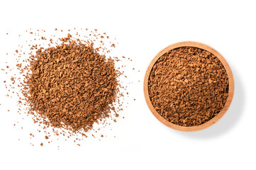 Instant coffee in wooden bowl isolated on white background. Top view
