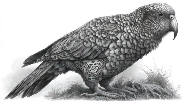 Detailed grayscale illustration of a bird