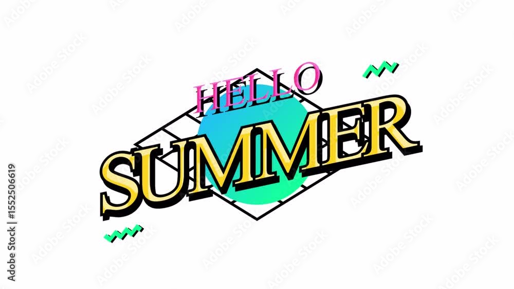 Poster retro hello summer animation with gradient circle and geometric accents