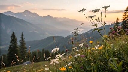 Serene Mountain Meadow Wildflowers at Sunset, Nature's Peaceful Panorama