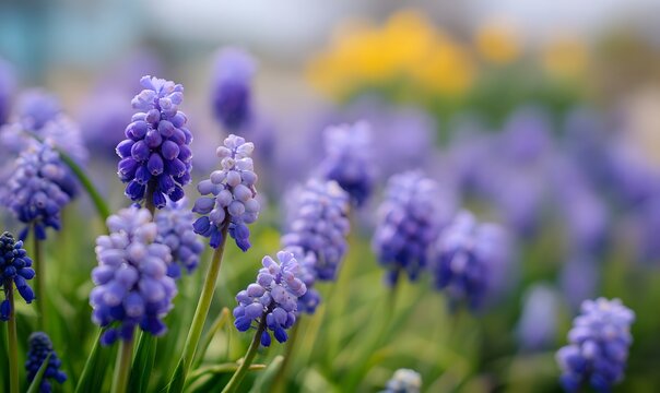A field of purple muscari flowers, a close-up shot showcasing the vibrant blue and green hues of these spring blossoms. Generative AI
