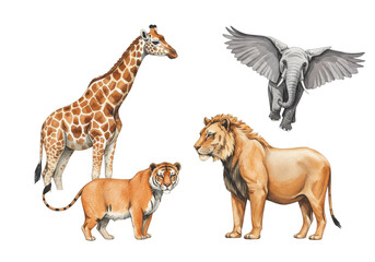 Fototapeta premium Illustration of Giraffe Lion Elephant and Tiger Animal with Isolated Background