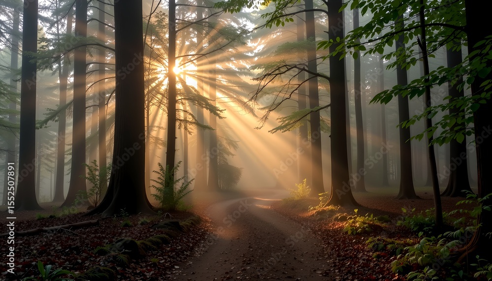 Poster sun rays shining through the trees in the forest creating a mysterious yet stunning image