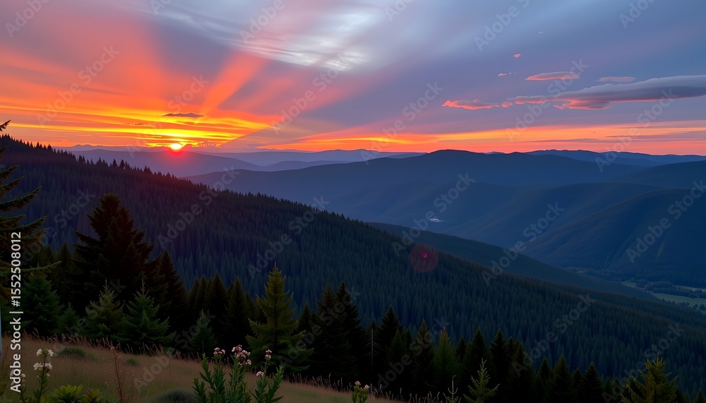 Poster a mesmerizing mountain landscape at sunset with vibrant colors across the sky. the sun's rays peek t