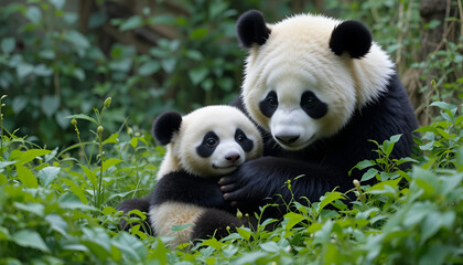 Obraz premium Two adorable giant pandas, a mother and her cub, nestled amongst lush green foliage in their natural habitat.