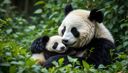 A tender moment shows a loving panda mother gently hugging her adorable baby in lush greenery, symbolizing animal care.