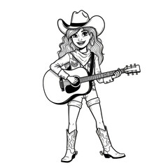 Illustration of Cowgirl Playing Guitar in Western Fashion with Transparency