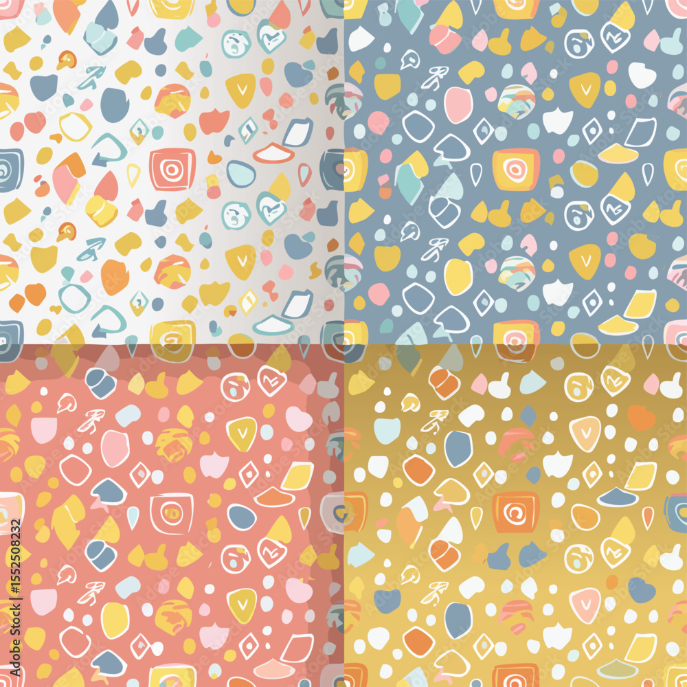 Poster four seamless patterns with abstract shapes in pastel and muted colors background texture