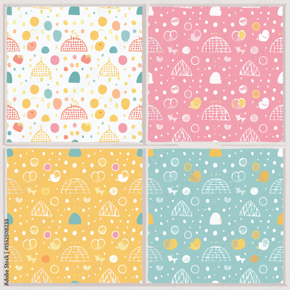 Poster four seamless patterns with igloos and abstract shapes in pastel colors background