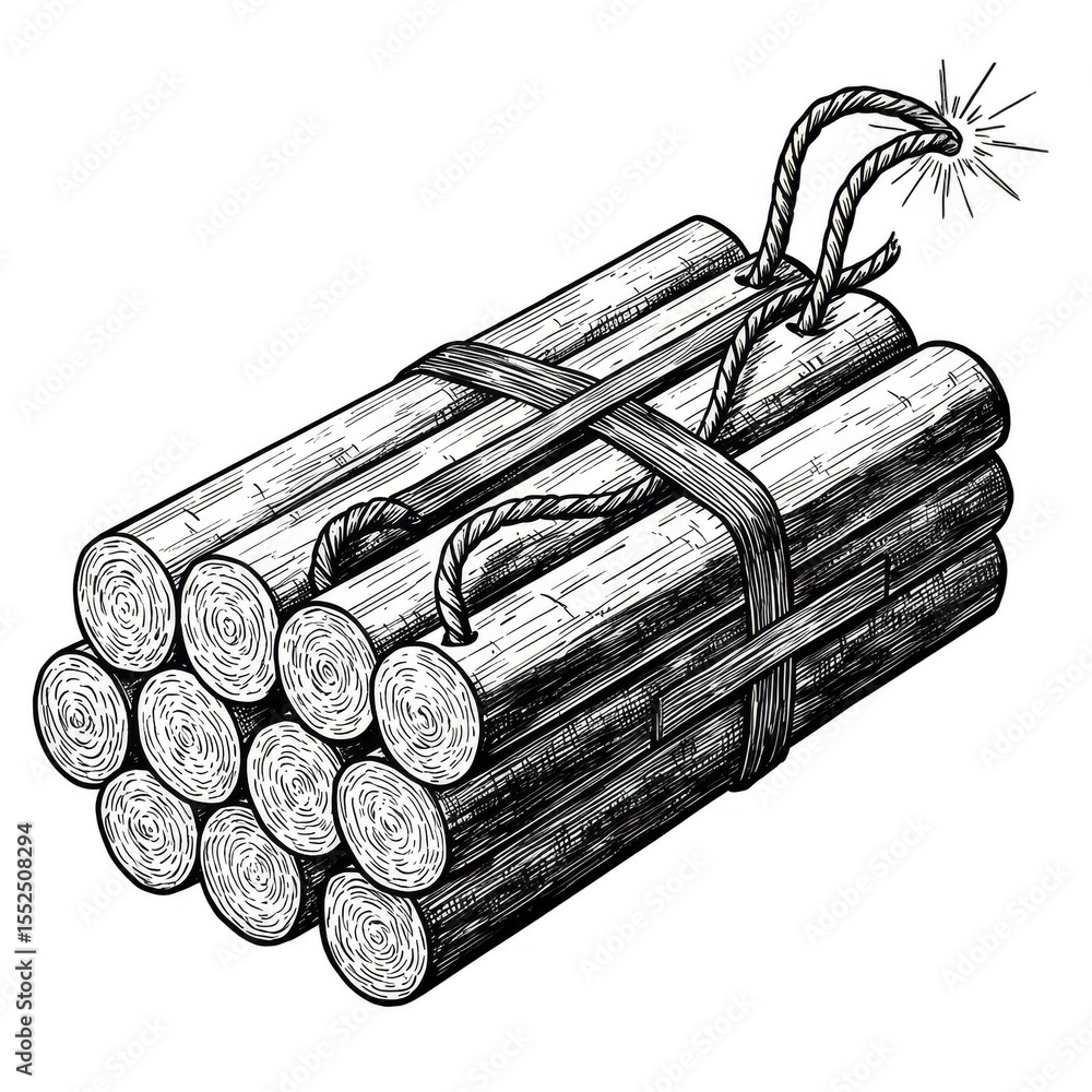 Poster illustration of dynamite bundle with fuse explosive sticks on transparent